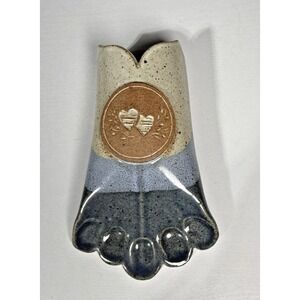 Handmade Stoneware Glazed Heart Wall Pocket Studio Art Pottery Blue & Tan